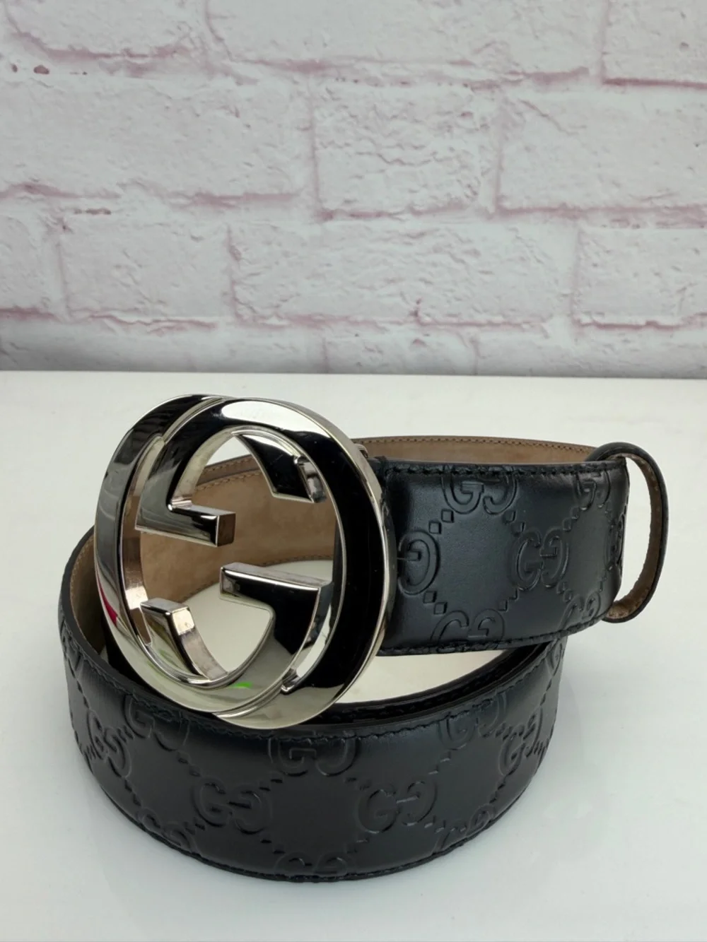 Authentic Gucci Guccissima Black Mens Leather Belt Gg Interlocking 90/36 411924
